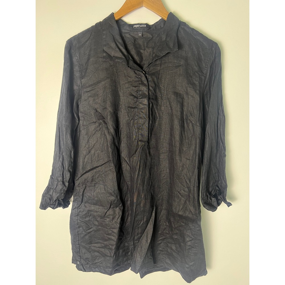 Paperwhite Linen Tunic Top Wm 12 Black 3/4 Sleeve Button Front Boho Lagenlook